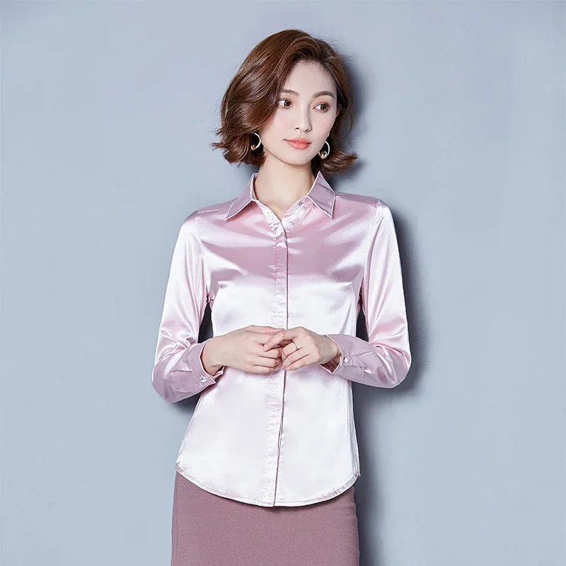 Glossy slip satin shirts women long sleeve Shiny satin blouses women work wear office OL shirts formal satin tops