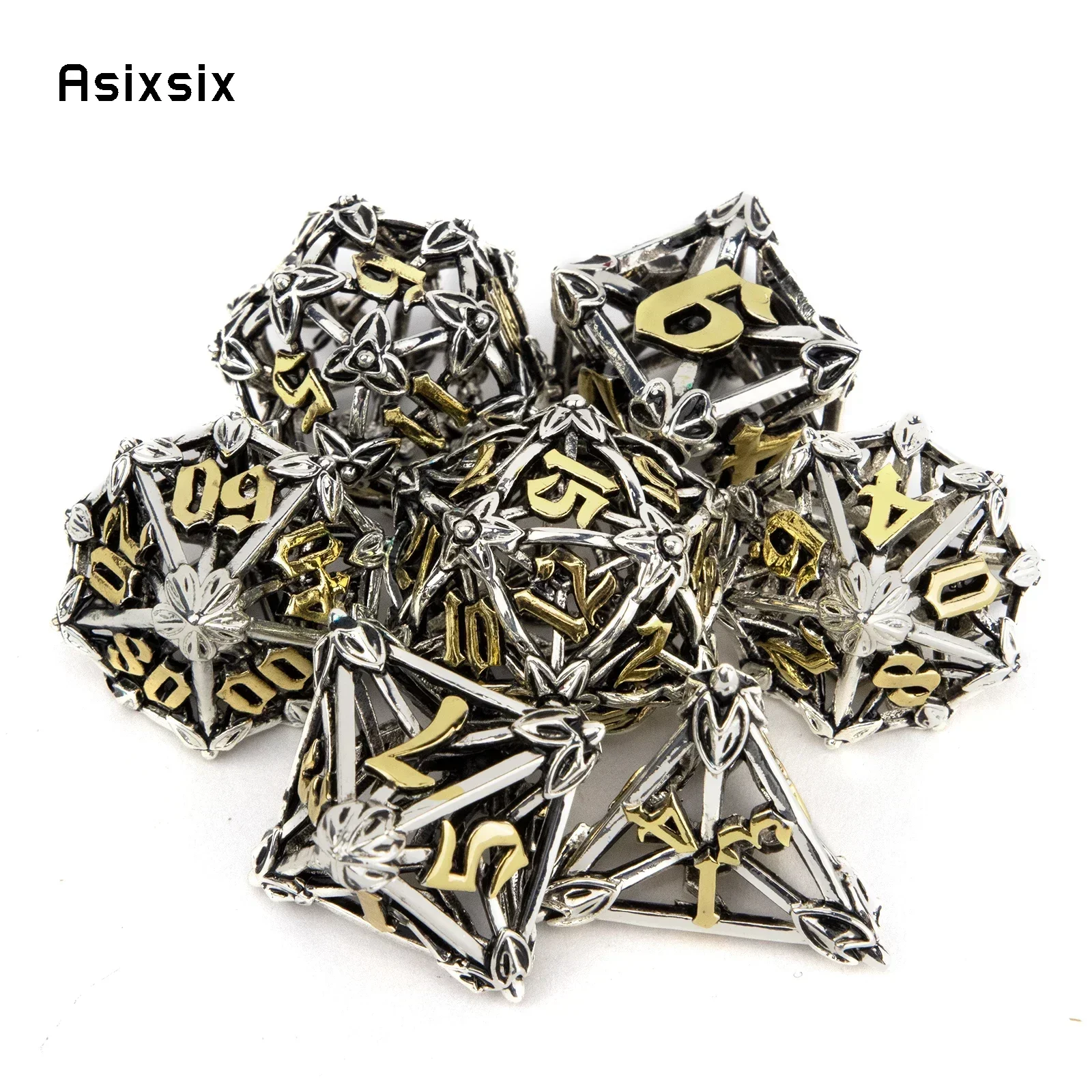 

7 Pcs White Golden Leaf Flower Metal Dice Hollow Metal Polyhedral Dice Set Suitable for Role-Playing RPG Board Game Gift
