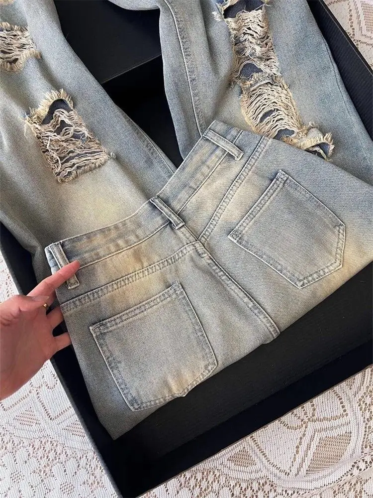 American Retro Distressed Straight Jeans Women's Summer New Trendy Loose Drape Straight Wide Leg Pants