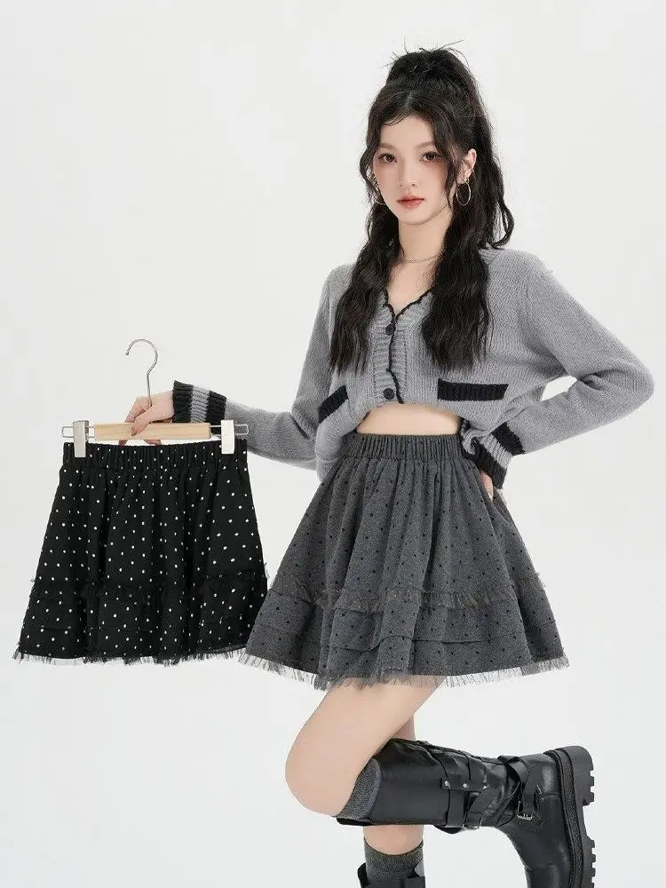 Women's 2026 Winter French Polka Dot Tweed A-Line Mini Skirt Ruffle Lace Patchwork Warm Elegant Sweet Coquette Trendy Chic