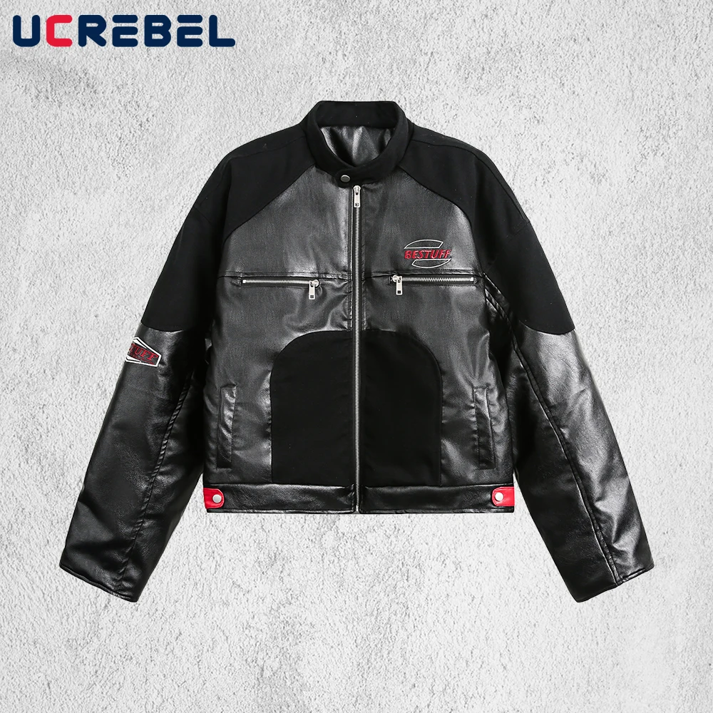 

Стеганая мотоциклетная куртка с контрастными панелями, мужская зимняя куртка с вышивкой букв, уличная куртка из искусственной кожи с воротником-стойкой и длинными рукавами