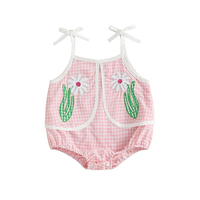 

0-18M Baby Girl Summer Plaid Romper Sleeveless Flower Embroidery Strappy Shoulder Cami Jumpsuit
