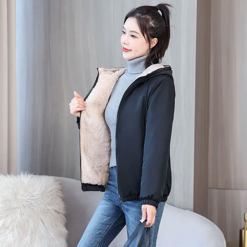 Women\'s Fleece Coat Winter Warm Thicken Solid Windbreaker Hooded Cotton Plush Hooded Jackets Casual Outdoor Windproof Jacket