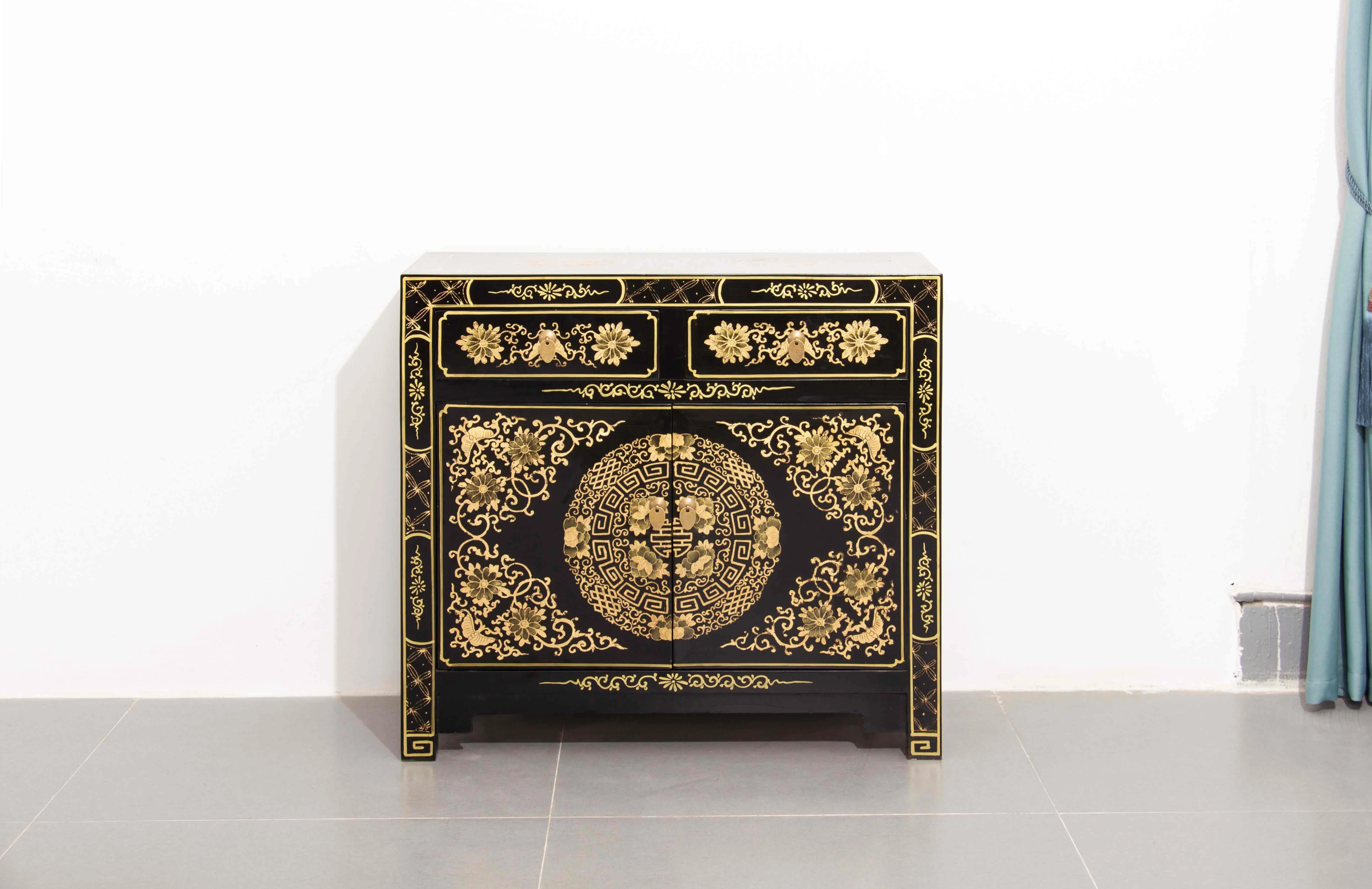 

❁w Antique Chinese Style Solid Wood Eco-Friendly Durable Shoe Cabinet Hand Painted Floral Design for Hotel and Home Use o
