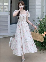 Vacation Wind Fairy One line Square Neck Bubble Short Sleeve Fragmented Flower Dress Summer New Waist Slimming Long Dress GK08