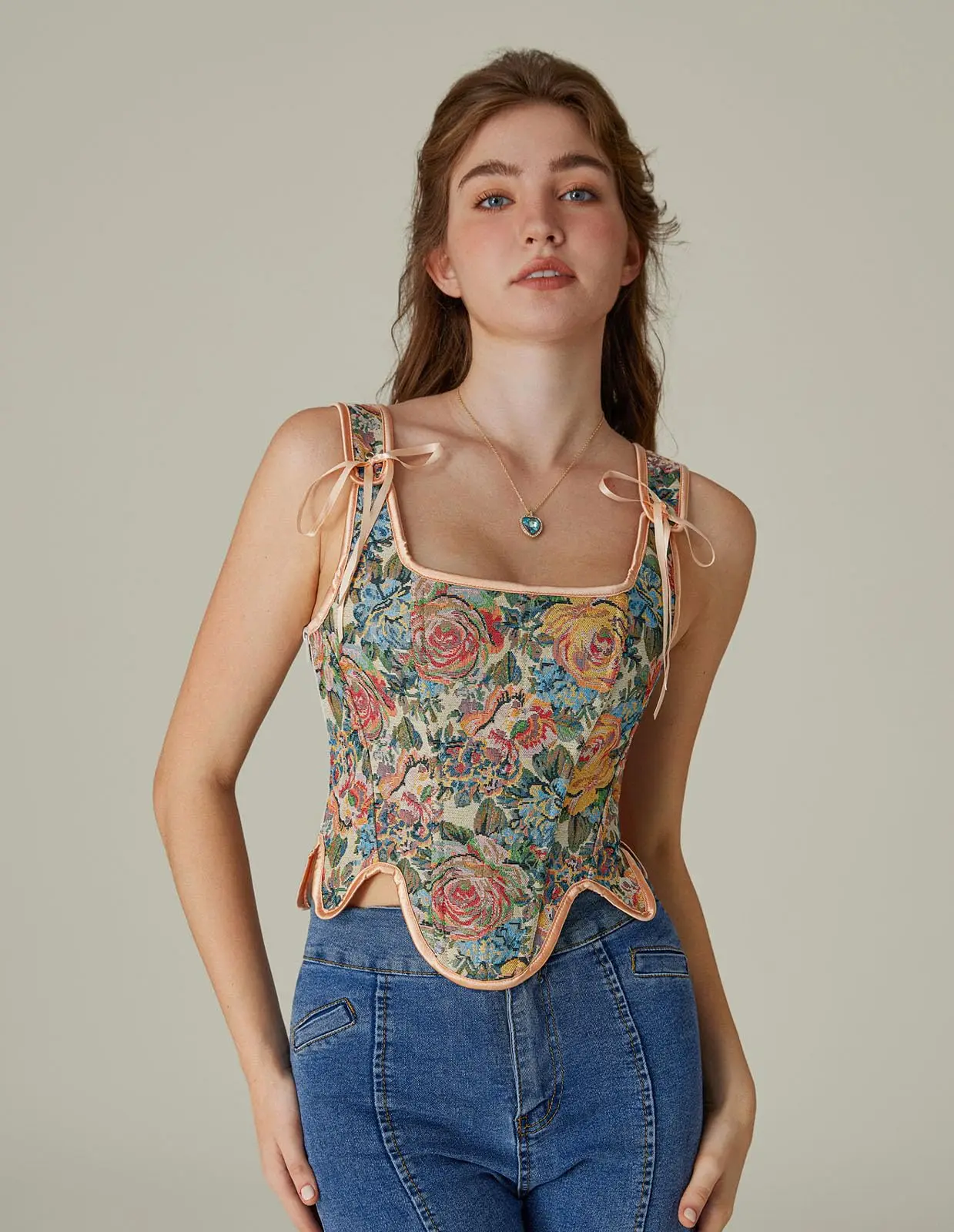 Women Renaissance Corset Tops Floral Lace Up Bustier Tops