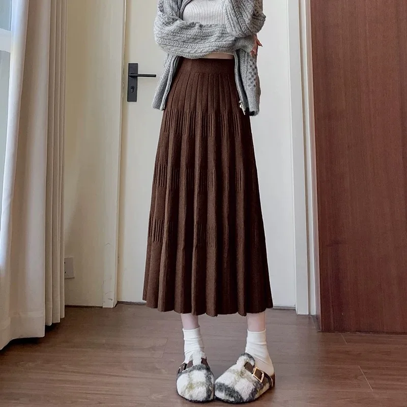 Casual High Waist Loose Knit Pleated A-line Long Skirt Korean Fashion Streetwear Basics Autumn Winter Plus Size Elastic Clothing