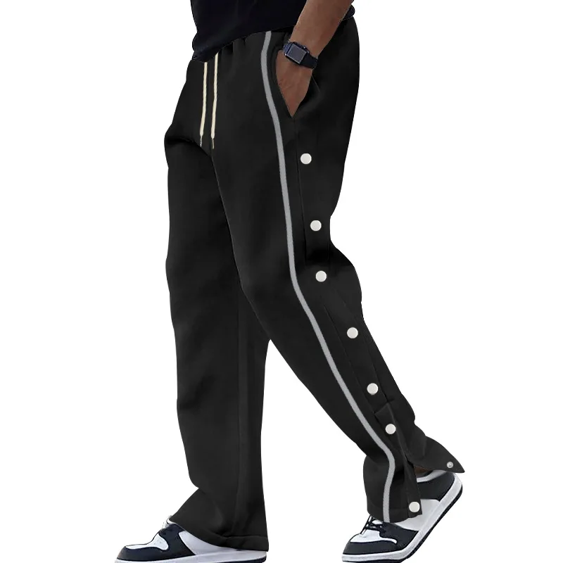 Men Striped Side Button Sweatpants Elastic Drawstring Wide Leg Split Hem Casual Trousers