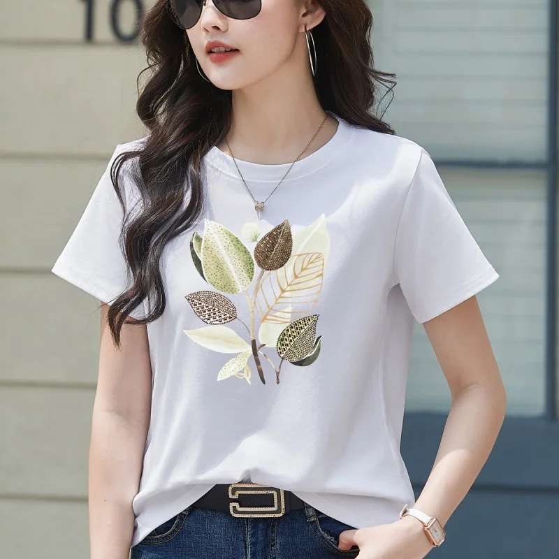 Summer New Short Sleeved Women's T-shirt Design Printing Diamond Round Neck Loose Top Casual Streetwear Ladies Tees Shirt