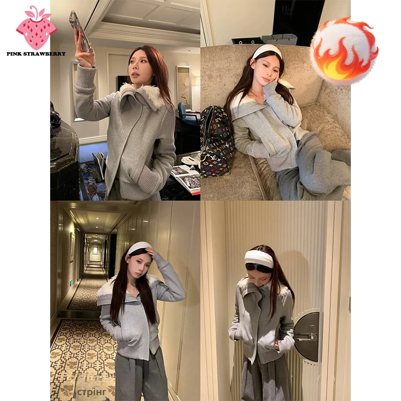 

American Retro Fur Collar jacket Women Winter 2025 New Cotton Plush inner liner Slimming Short jacket Y2k Top Women's clothing