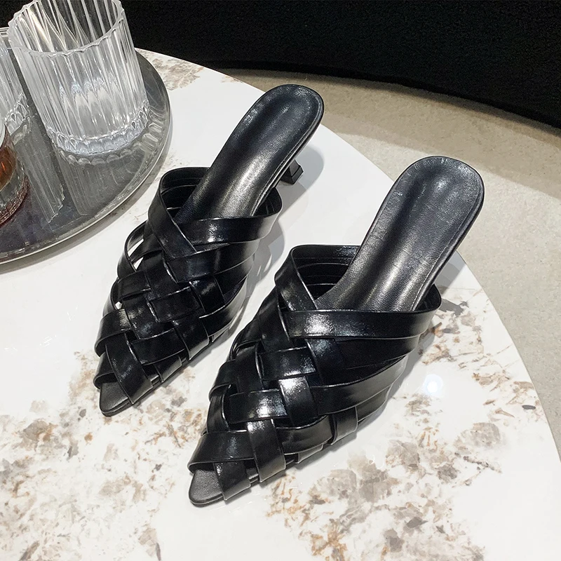 Luxury Braided Low Heel Mules Slides Woman Summer Pointed Toe Slip-on Weave Sandalis Ladies Elegant Evening Party Pump Shoes