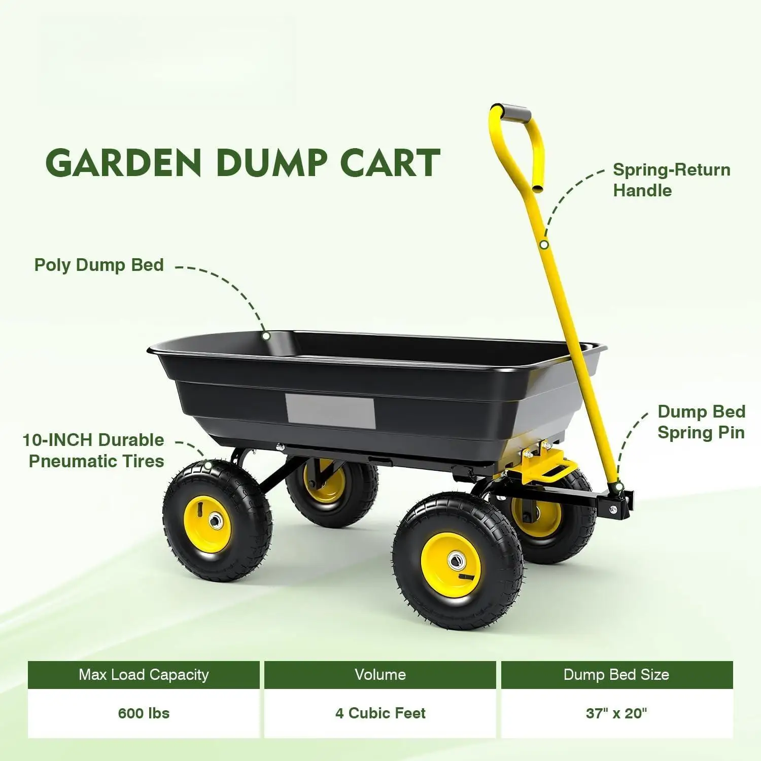 W_Garden Dump Cart, Heavy-Duty Utility Wagon with 600 lb Capacity, 4 Cu Ft Bed, 10" Pneumatic Tires, 180° Pivot Steering