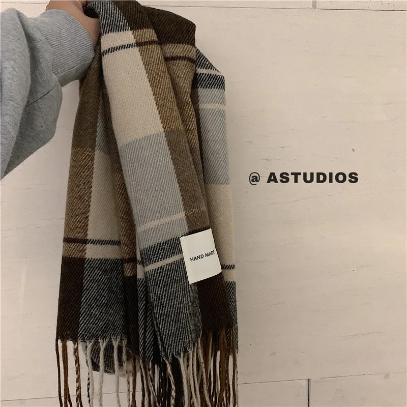 Fashion Knit Scarf Plaid Striped Warm Winter for Women or Men Korean Tassels Style Knitted Wraps Neckerchief Accessories