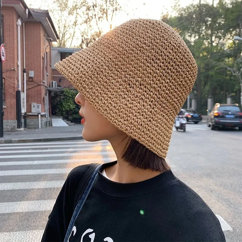 Beach Korean Straw Summer Women Visor Bucket Hat Fisherman Hat Hand Weaving Panama Girl Fishing Chapeau Sun Hats Tool Hat