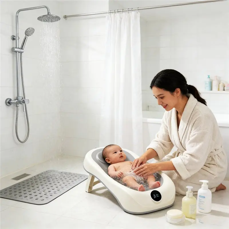 AINY-Ergonomic Foldable Baby Tub With Temperature Sensing Non-Slip Backrest Design Infant Shower Mat