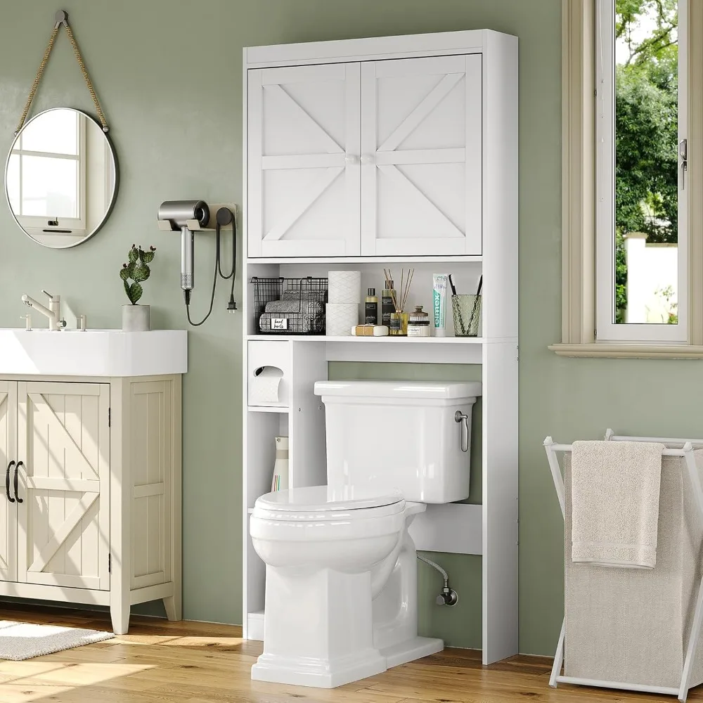 32.3''W Over The Toilet Storage Cabinet with Barn Doors, Free Standing Toilet Cabinet Space Saver with Anti-Tip Design