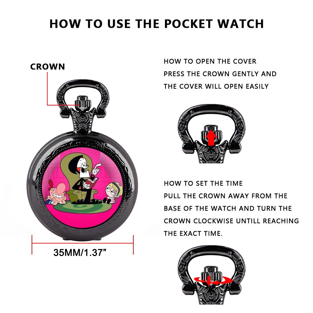 Cartoon Billy e Mandy Glass Dome Quartz Pocket Watch With Durable Chain Arabic Numeral Dial Halloween Gifts for Men Women Kids