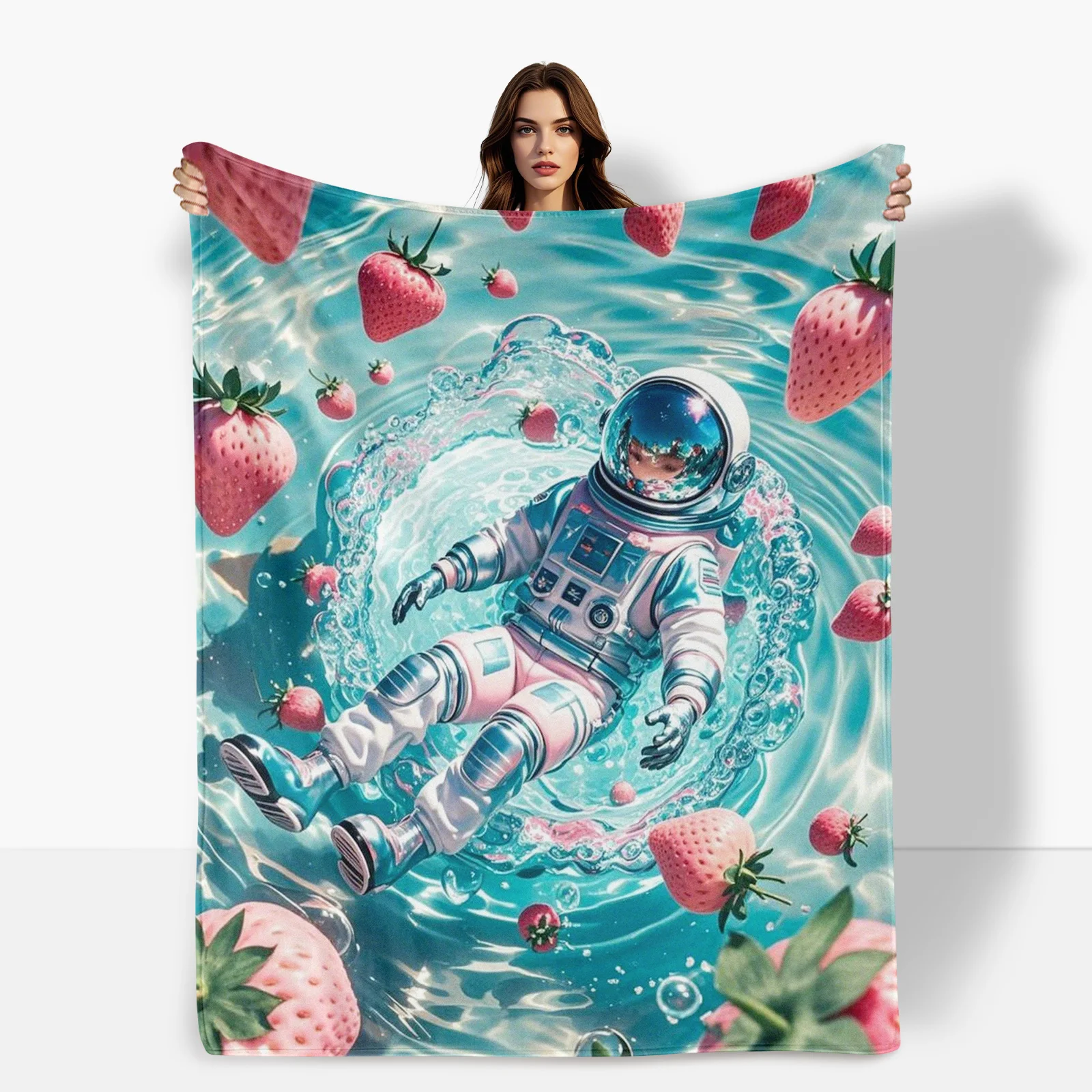 Astronaut Strawberry Turquoise Pool Fantasy Blanket For Dreamy Room Decor With A Unique And Playful Aesthetic Design