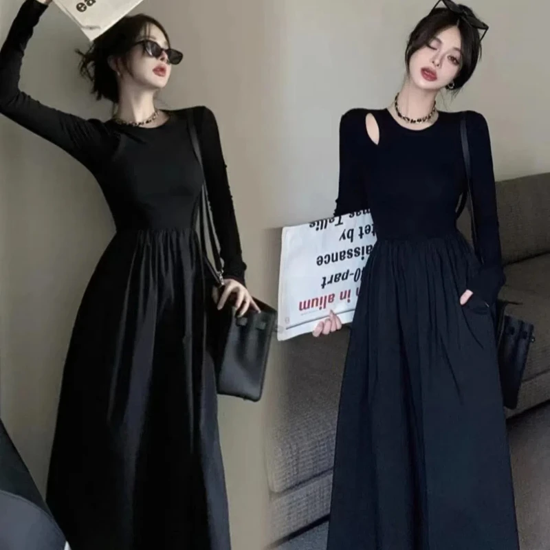 

Women Black Vintage Temperament Long Sleeve Dress Summer Korean Chic Slim A-Line High Waist Off Shoulder All-match Long Dresses