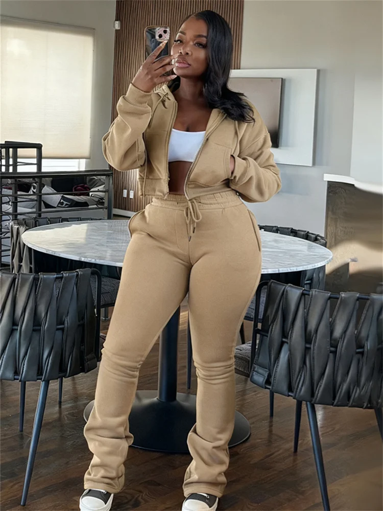 

Leosoxs спортивные костюмы женские зимние трендовые куртка с капюшоном на молнии + брюки на шнурке одинаковые повседневные классические однотонные теплые наряды