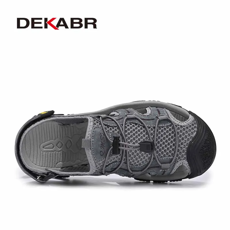 DEKABR Men Summer Genuine Leather Sandals Quick‑Pull Rope Closure Magic Tape Rubber Anti‑Slip Sole Toe‑Protect Male Shoes