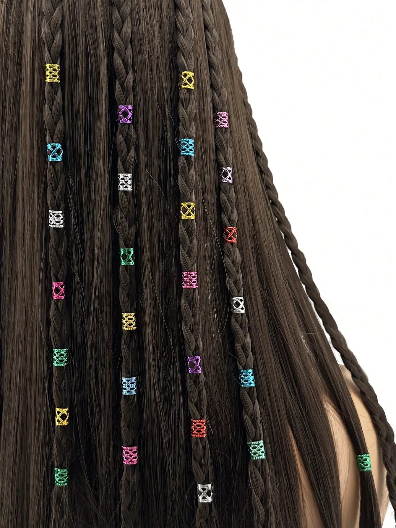100 Stück mehrfarbige Ringe, Dreadlocks-Perlen für Frauen und Mädchen, geflochtene Haardekoration, bunter Aluminiumring, verstellbare Metallmanschette – Detail 6