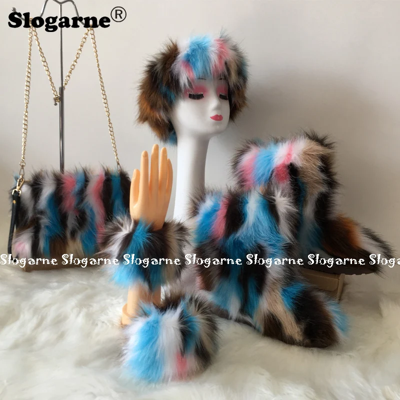 

Women Faux Fur Fashion Sets Winter Luxury Furry Snow Boots Fur Boots Fur Purse Fur Cap Plush Warm Fluffy Sets Headband Ski Hats