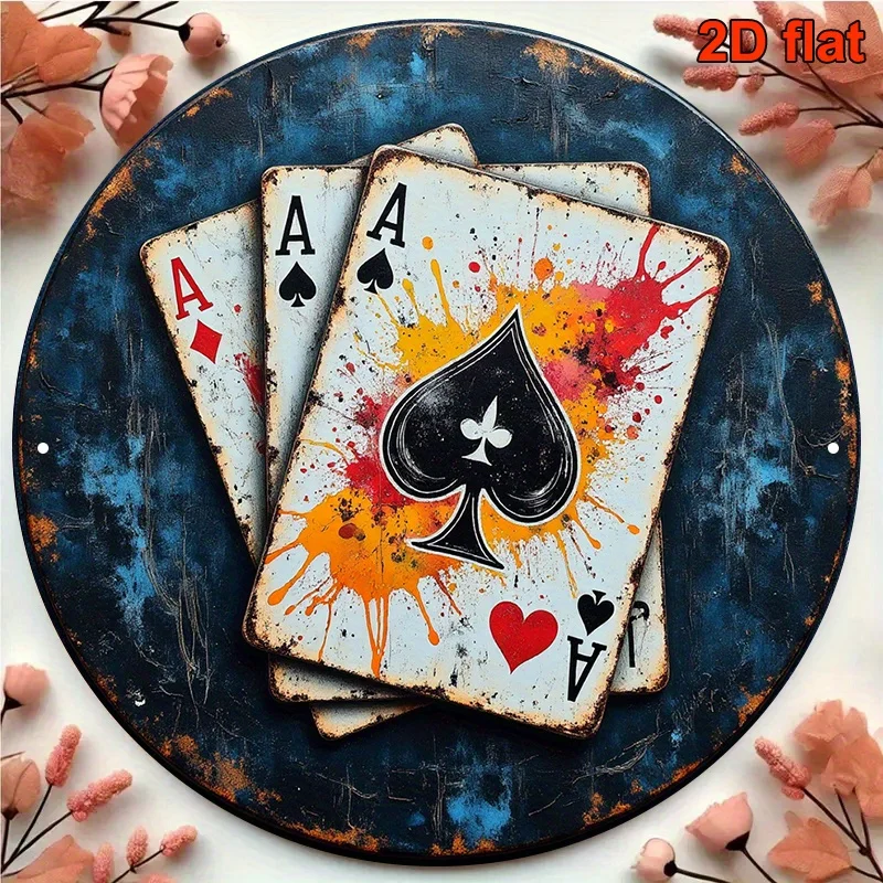 Aluminum Plate Wall Art, Retro Poker Card Metal Sign, 8 Inch Round Ace of Spades, Vintage Bar Game Room Decor, Protective Sleeve