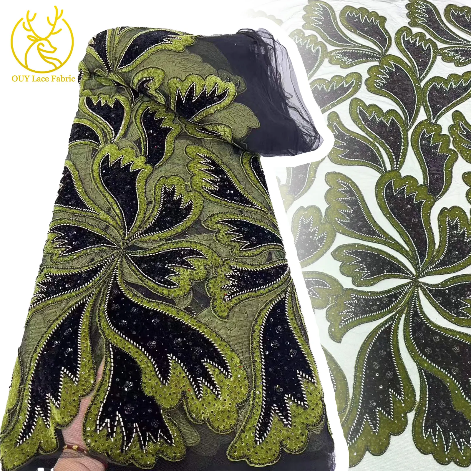 

2025 Latest French Sequin Lace Fabric, African Beaded Mesh Lace Fabric, Nigerian Sheer Fabric for Wedding Party Dresses, 5 Yards