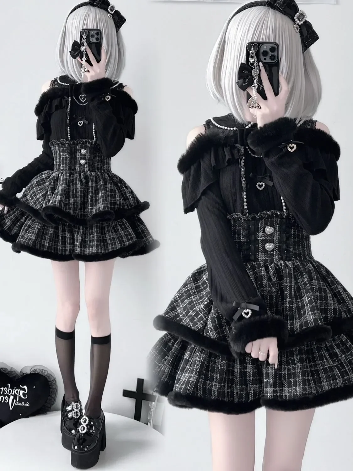 Sweet Lolita High Waist Tweed Skirt Double Layer Fur Trim Lace Heart Button Ruffle Mini Skirt Autumn Winter Cute Kawaii Outfit