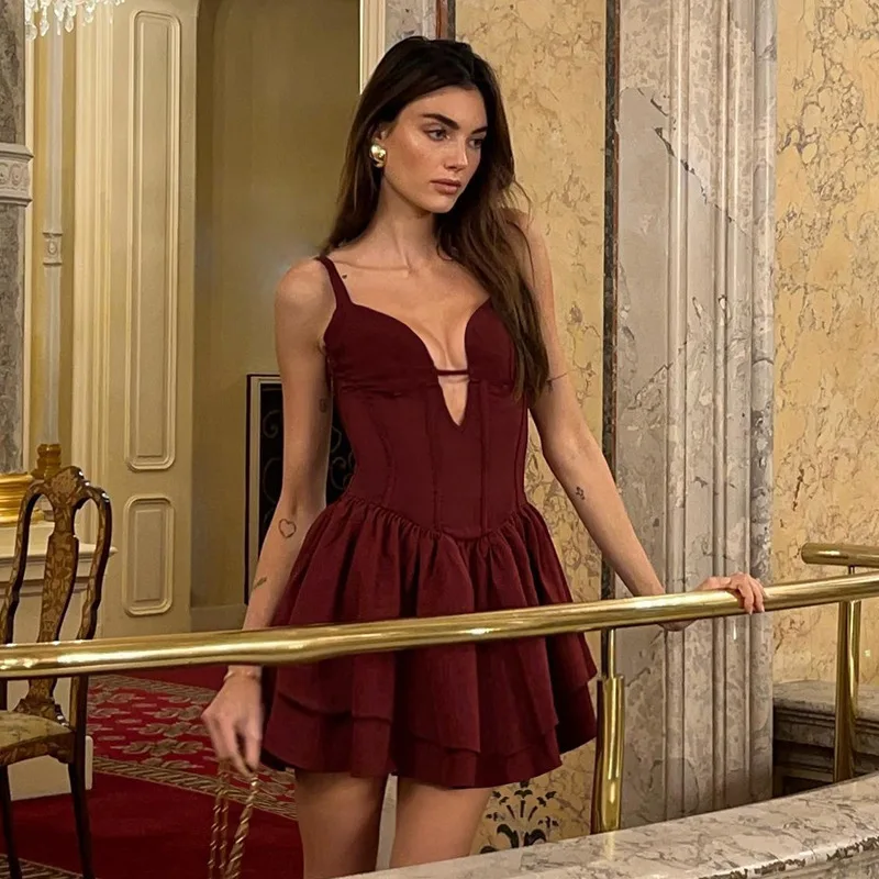 

Xy25137 Style Summer New French Puffy V-neck Sexy Pure Desire Vest Dress African Midi Woman 2025 Summer Dress Robe Vestido Women