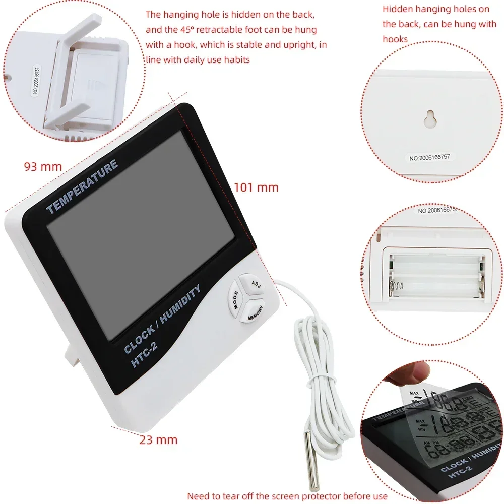 HTC1 HTC2 مقياس الحرارة الرقمي الرطوبة LCD محطة الطقس الداخلي والخارجي مع مراقبة الساعة ودرجة الحرارة والرطوبة للمنزل