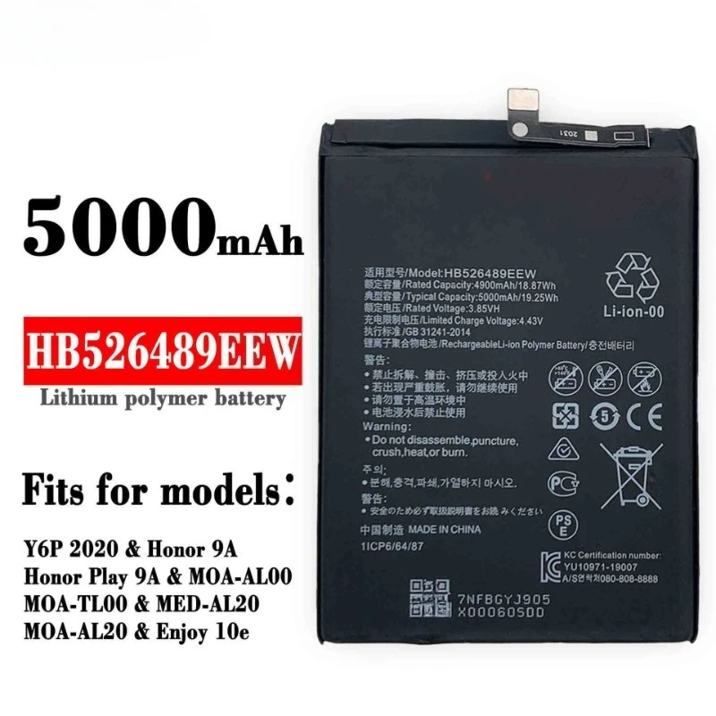 New 5000mAh HB526489EEW Mobile Phone Battery for Huawei Y6p 2020 Enjoy 10e 20 5G SE Honor 9A /Play9A MOA-AL00 MOA-TL00 MED-AL20