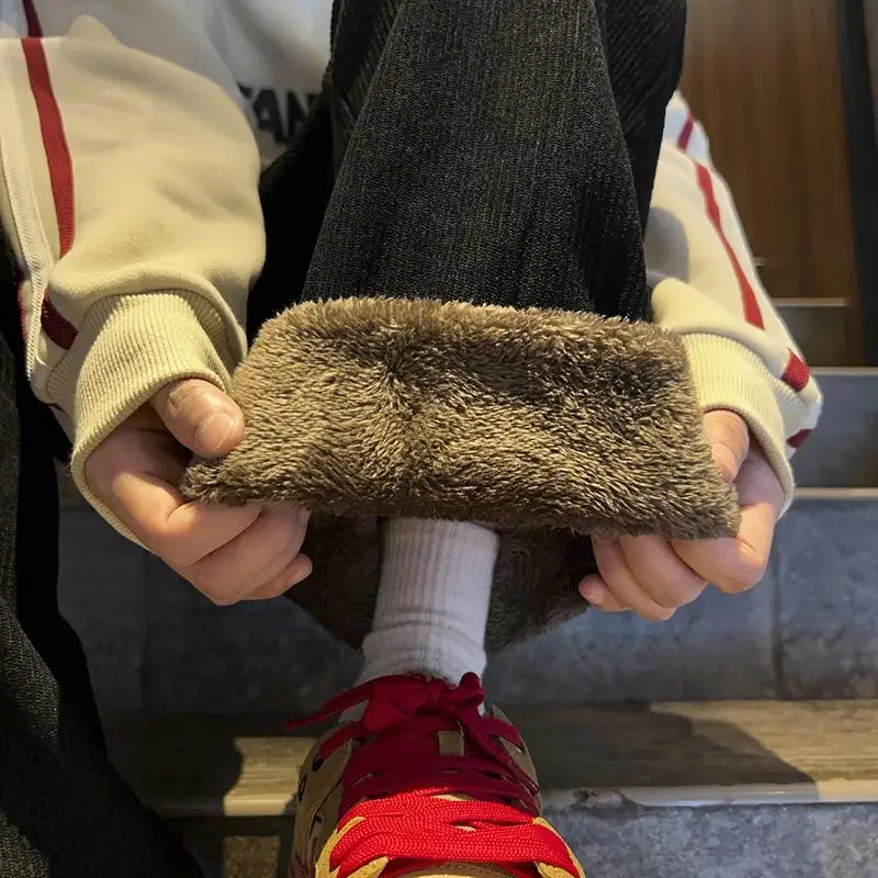 

Extra Large Size Thiened Fce Corduroy Men's Winter Casual Loose Warm Sweatpants Straight Leg Pants with kets