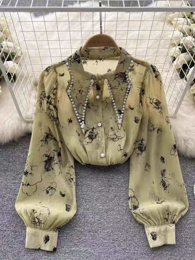 

Женская блузка из шифона с цветочным принтом, свободного кроя, с воротником-стойкой, для весны и осени, повседневная, для создания праздничного настроения