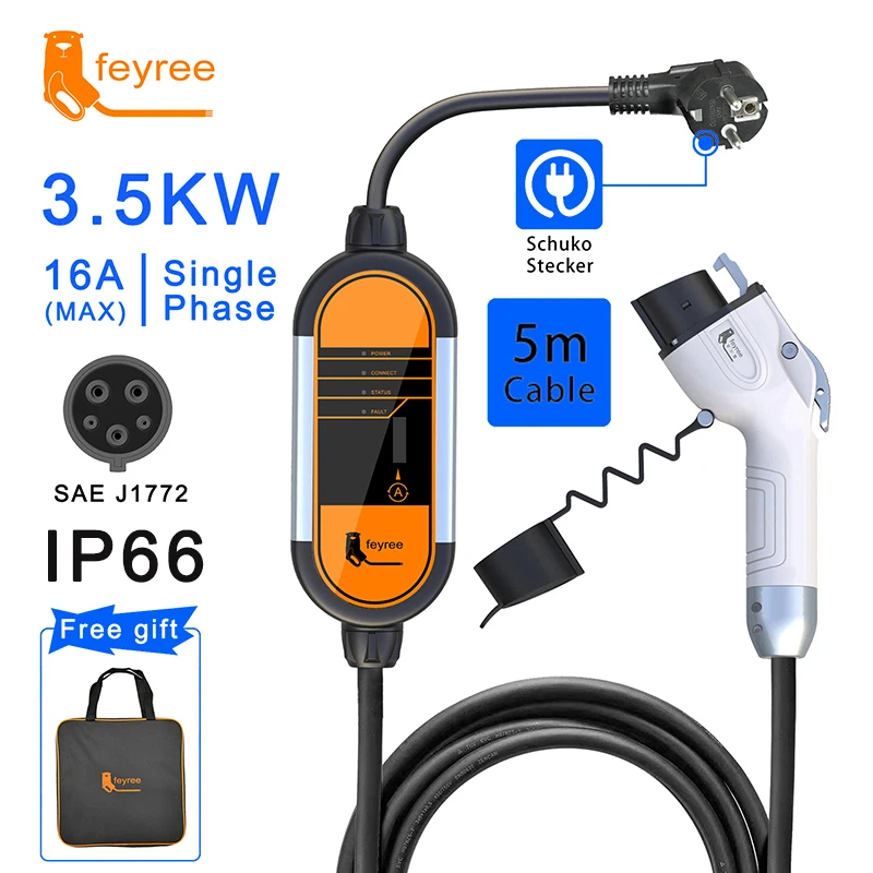 feyree Portable EV Charger Type1 Charging Cable J1772 Connector 16A EVSE Controller Wallbox Schuko Plug for Electric Vehicle Car