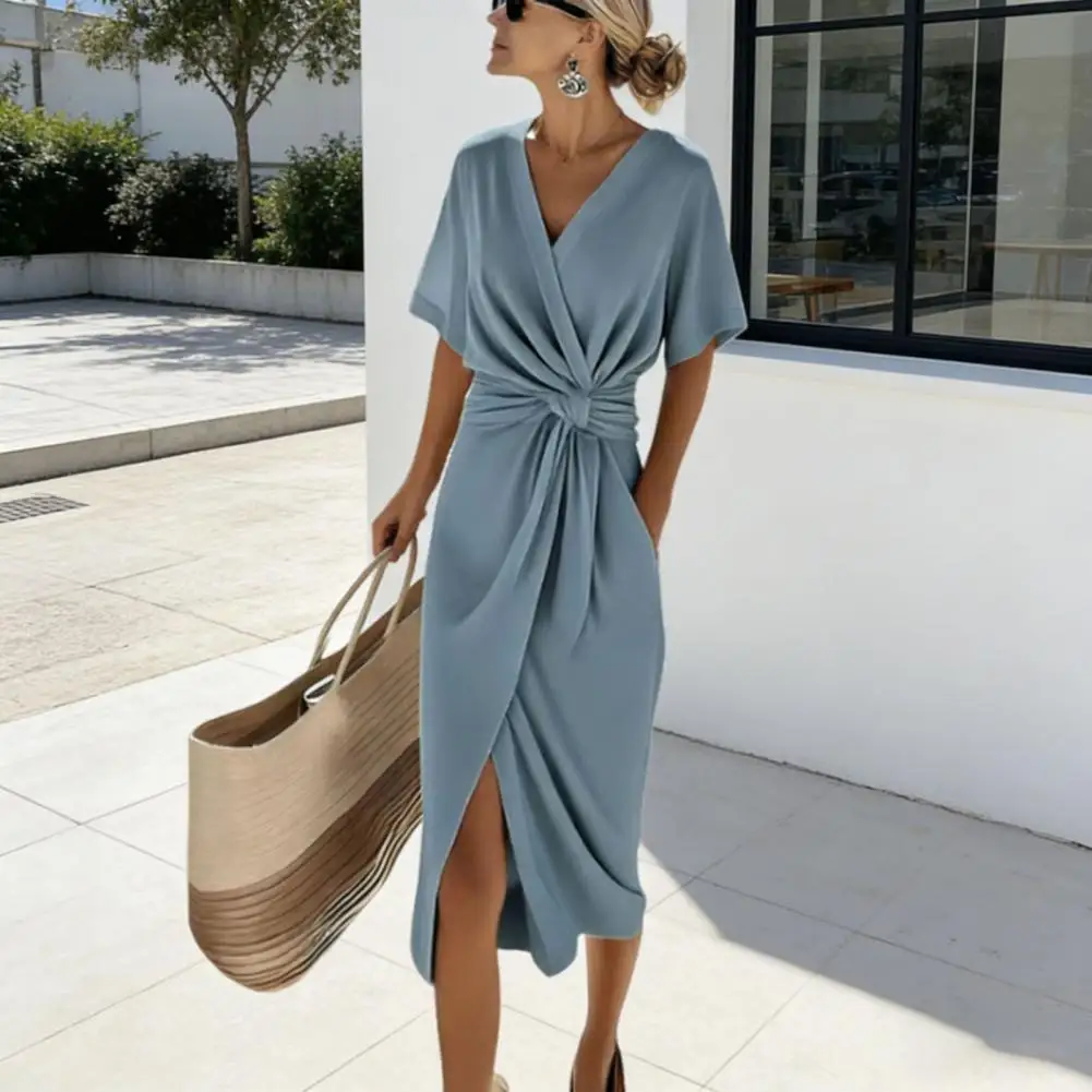 Women's Dresses Short Sleeve Elegant Formal Dress Casual V Neck Long Dress Loose Solid Color Party Gown for Vacation Cocktail view 2