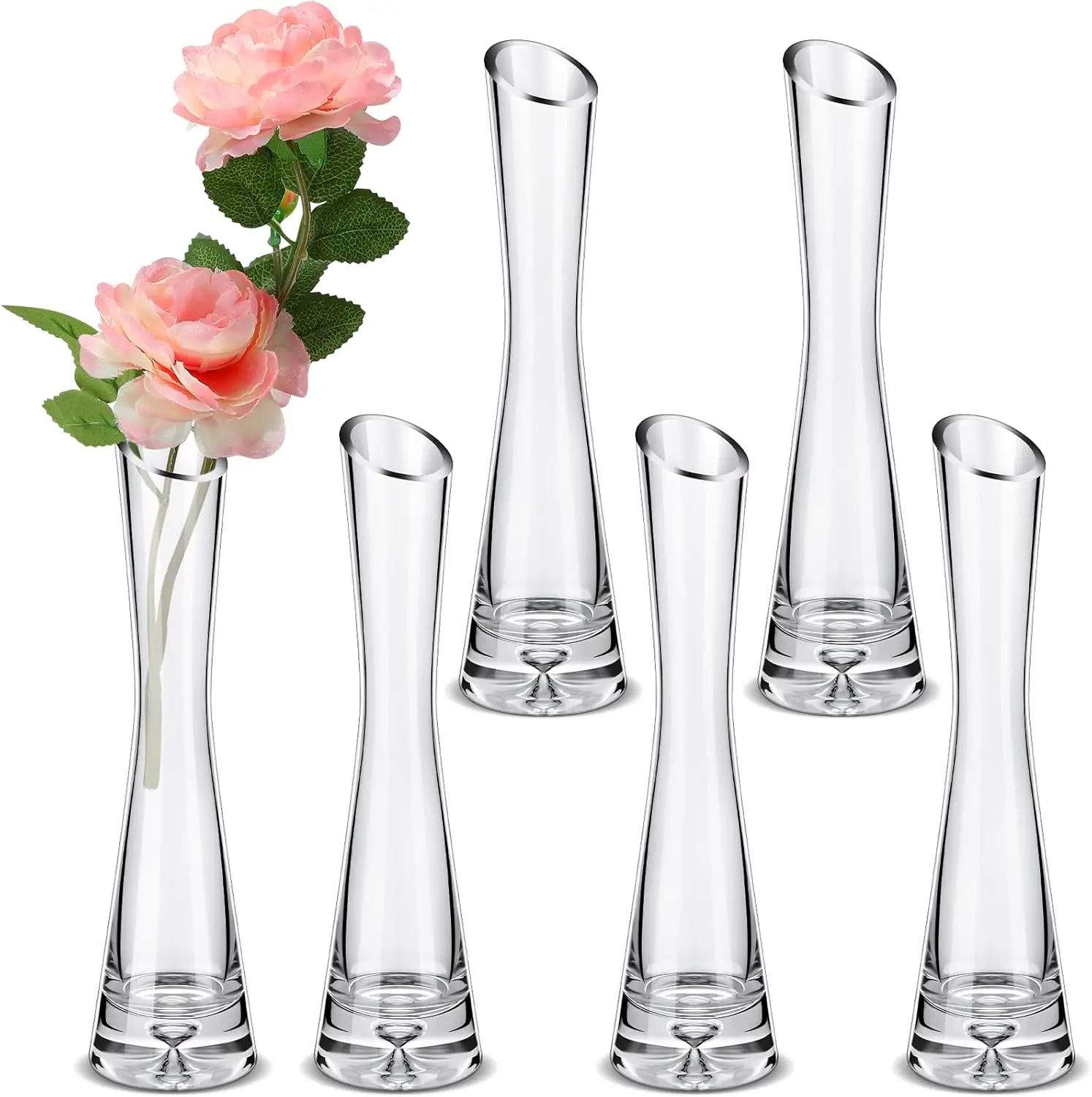 

6 Pcs Glass Bud Vases for Centerpieces Maria Modern Clear Small Skinny Decorative Single Flower Bud Vase for Wedding Par