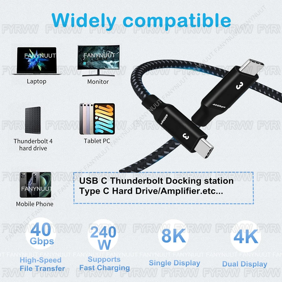 Thunderbolt3 Cable USB C 240W 40Gbps 8K USB C PD Charging Cable For E-Gpu M1 Macbook Pro MacBooks 8K Type-C Thunderbolt 3 Cable