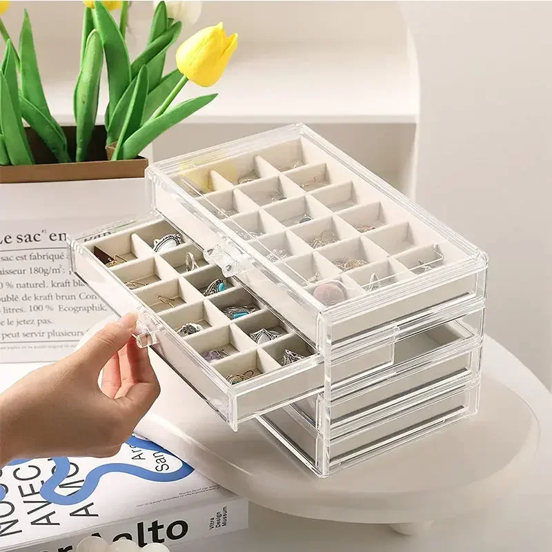 Transparent Acrylic Jewelry Box Organizer Velvet Drawer Jewelry Boxes Storage Ring Necklace Bracelet Earrings Display Stand Gift