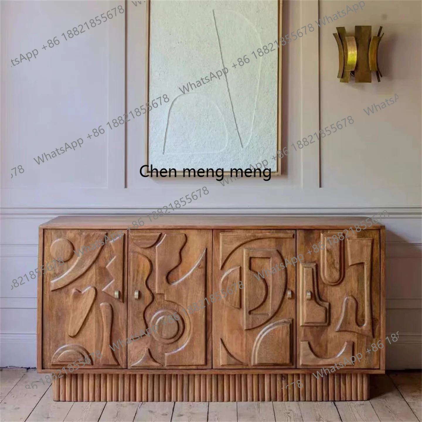 

French retro solid wood carving flower dining side cabinet American antique villa living room wall storage locker furniture