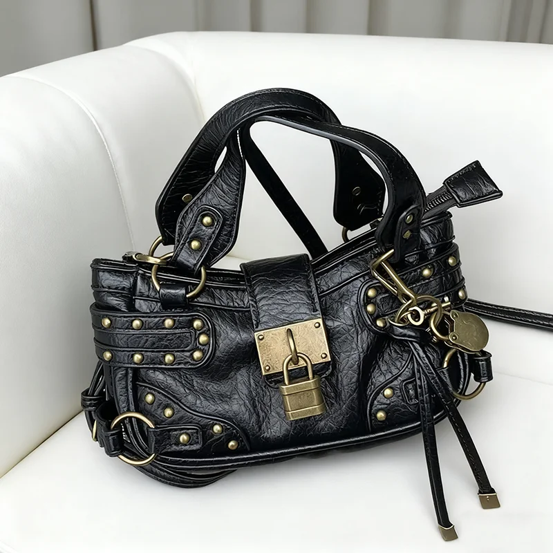 

Retro Rivet Black Crossbody Bag Fashion Street Cool Motorcycle Bag Trend Lock Design Small Tote Handbag High Quality Women's Bag