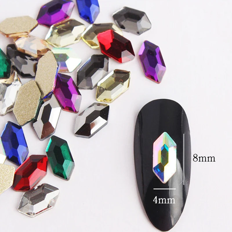 

100pcs Hexagon 4x8mm Nail Art Rhinestones Multi-colors Non Hotfixed Nail Charms Crystal Nail Parts Supplies for Professionals