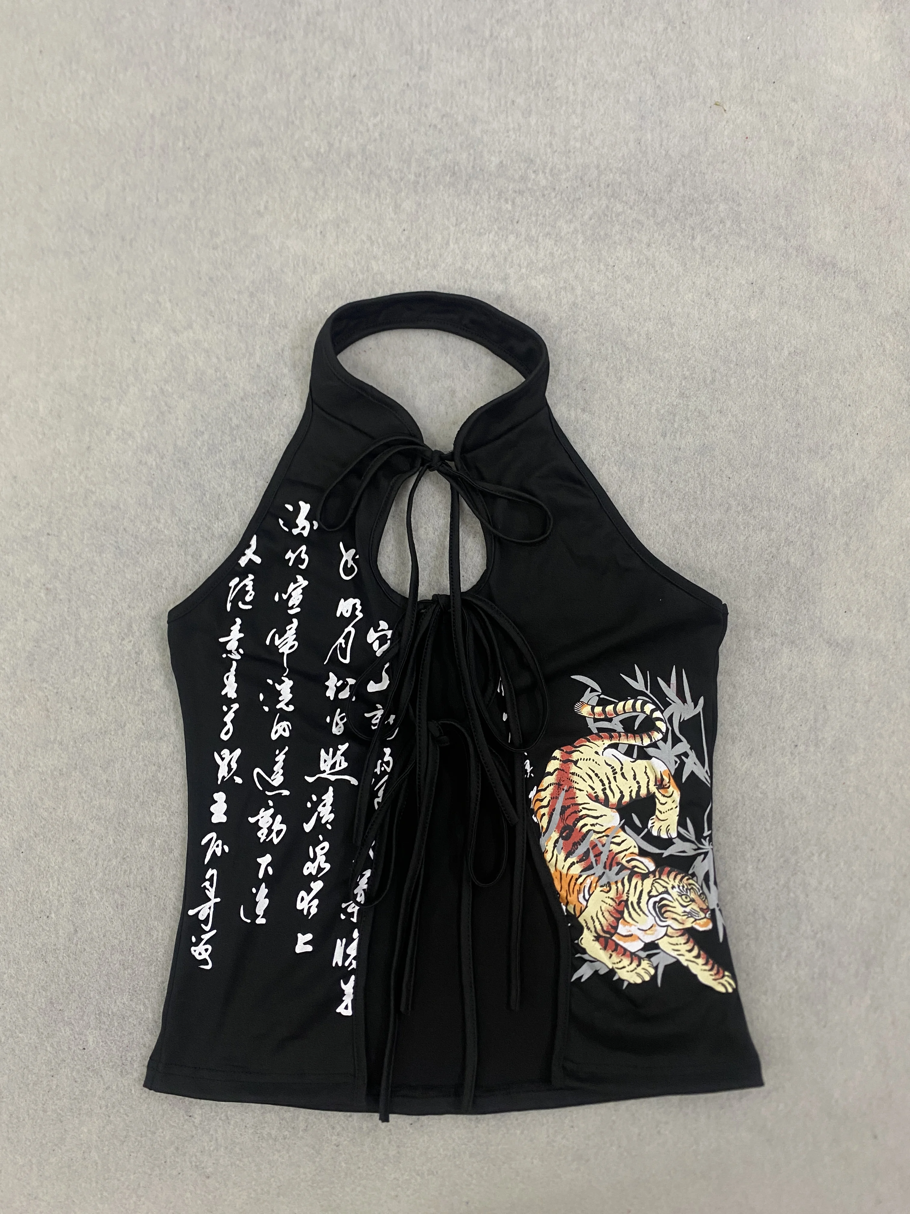 New Chinese Halter Cutout Tie Vest Oriental Calligraphy Tiger Print Stand Neck Sleeveless Top