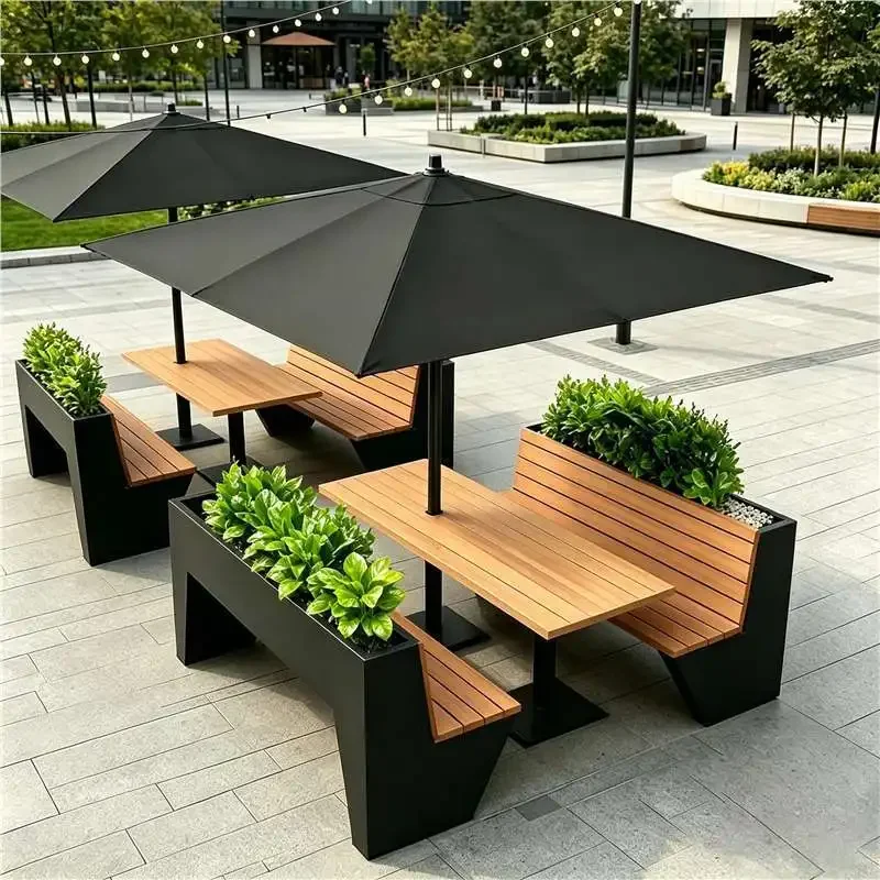 Outdoor courtyard flower box table and chair combination shopping mall rest area leisure card seat with parasol outdoor plastic