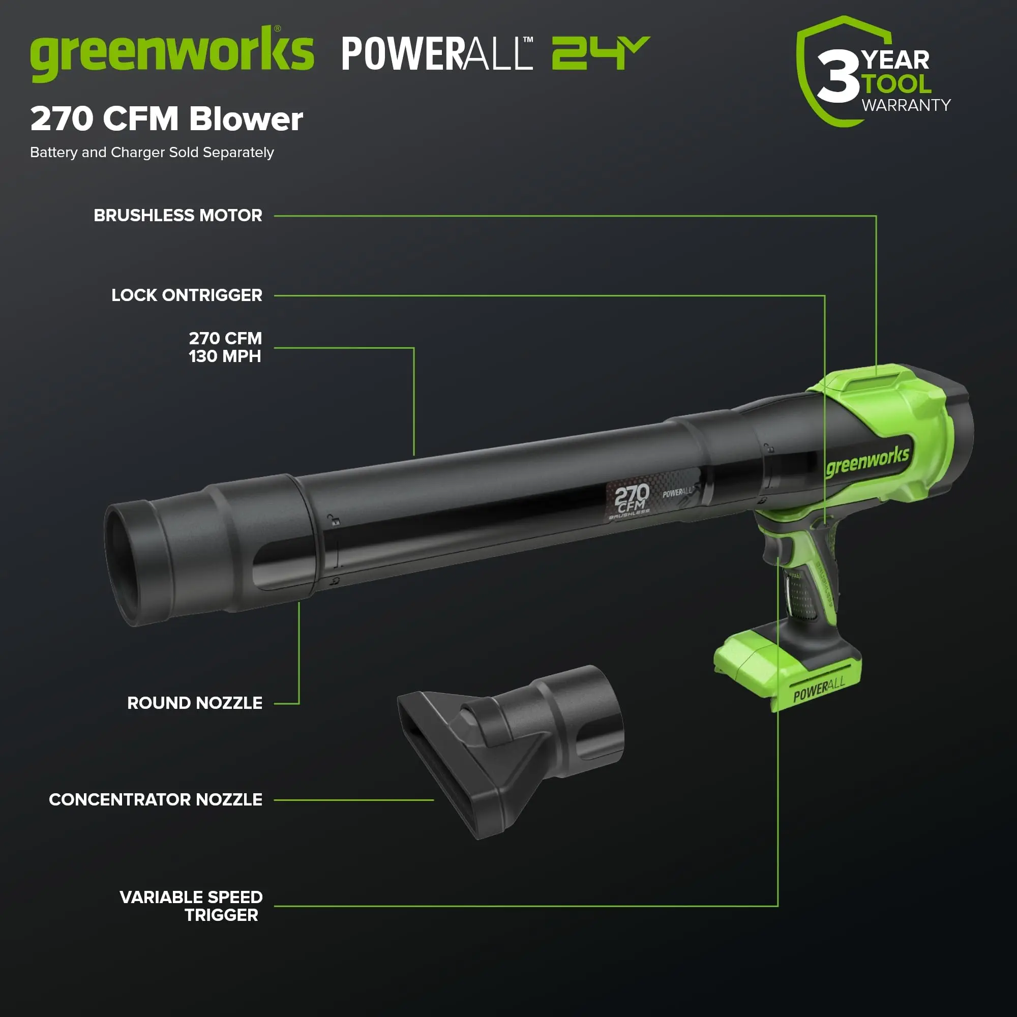 Greenworks 24V Leaf Blower 270 CFM Brushless Compact Leaf Blower Compact Lightweight Design For Yard & Garage Tool Only