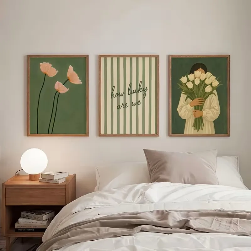 3pcs Romantic Love Motto Poster Retro Green Striped Floral Bohemian-style Living Room Bedroom Kitchen