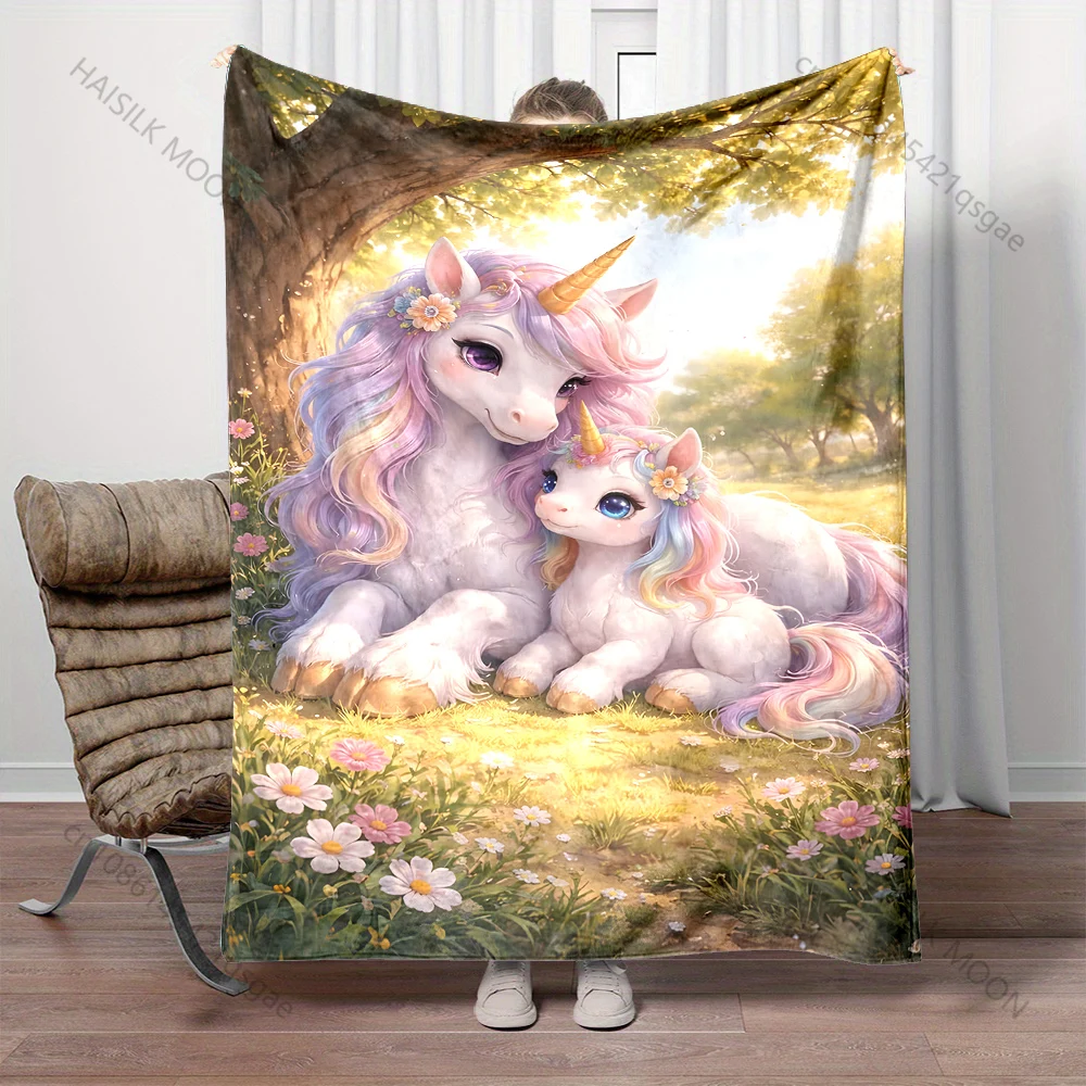 Multiple sizes Colorful unicorn parent-child scene print blanket adult children warm for home travel soft comfortable blanket