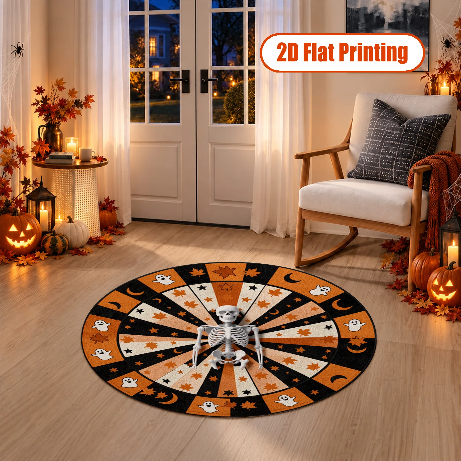 Halloween Themed Skeleton Ghost Star Moon Maple Pattern Round Velvet Rug Machine Washable Entryway Living Room Bedroom Halloween Thanksgiving Christmas New Year