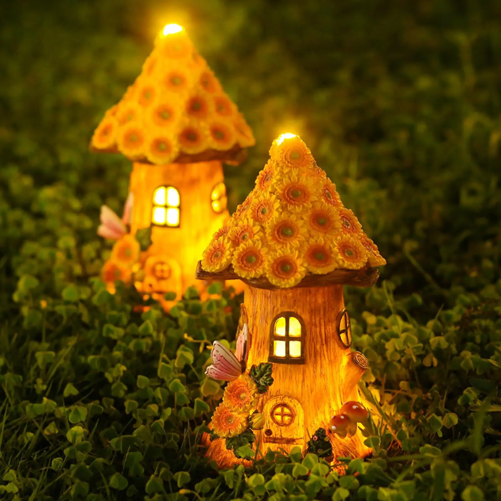 Outdoor Garden Sculpture Solar Flowers House Statue Resin Figurine for Patio Yard Lawn Decoration